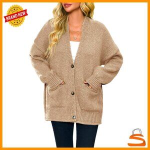 Chunky V Neck Cardigan Sweater Puff Sleeve Knit Button Down with Pockets